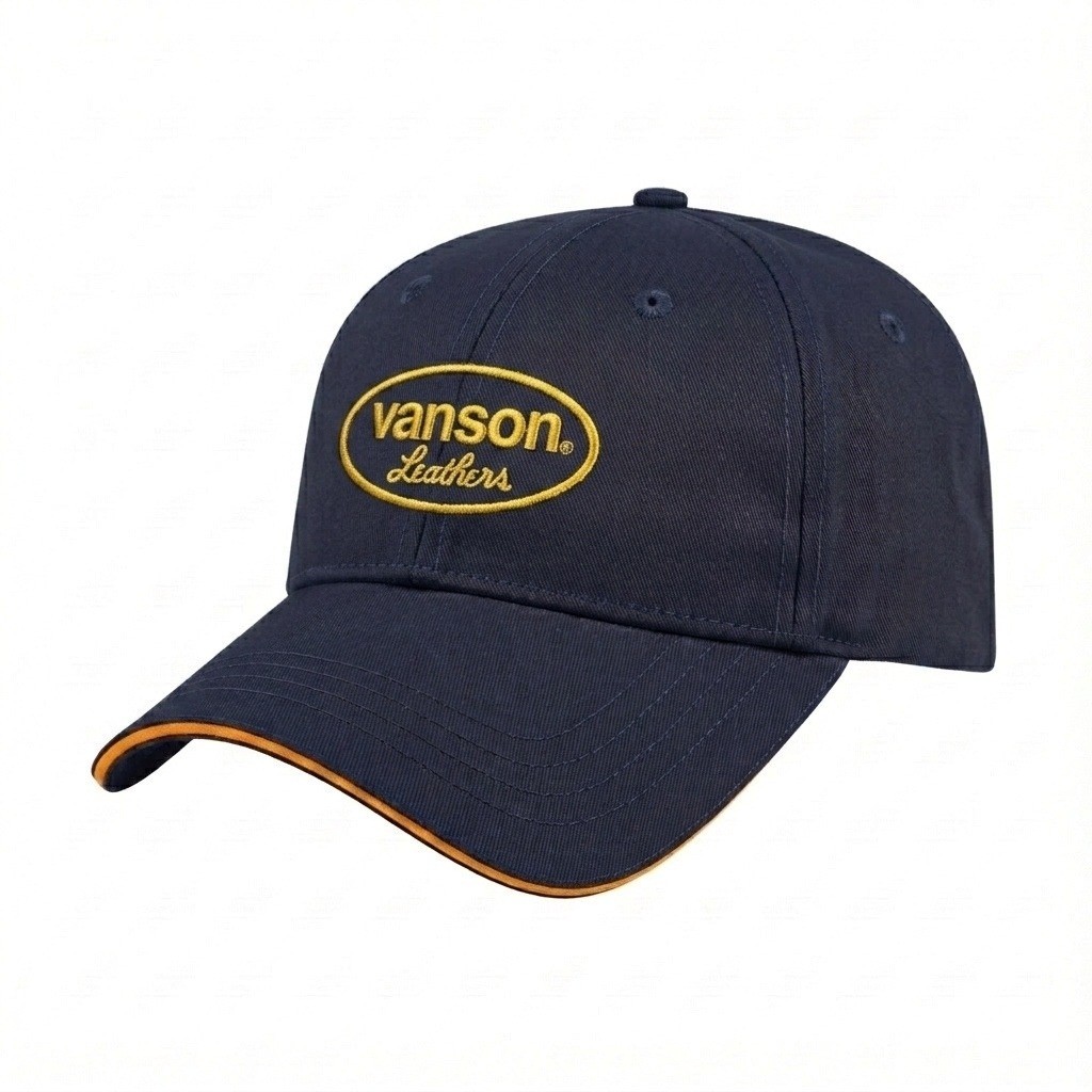 USA-made 6L Navy-Athletic Gold Polycotton Twill baseball cap, decorated view, manufactured in Newark NJ