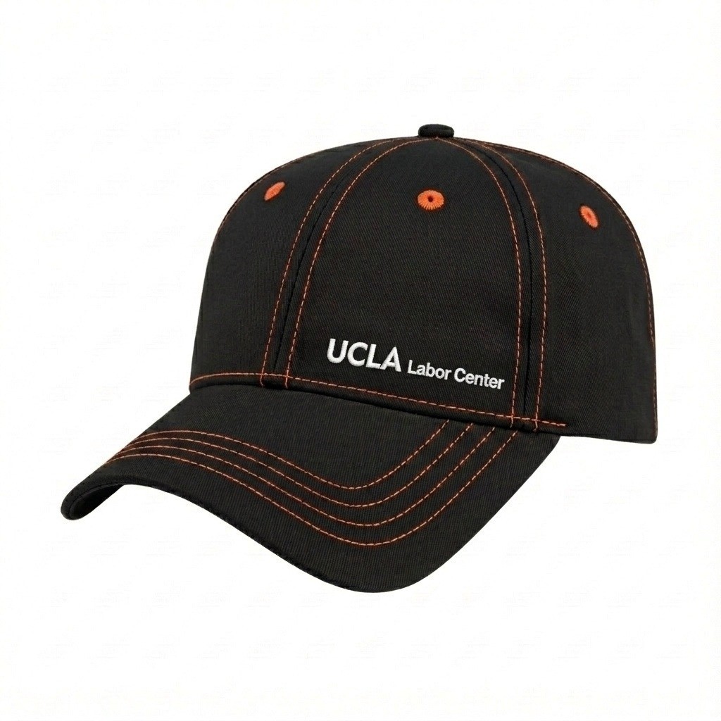 USA-made 6L Black-Blaze Orange Polycotton Twill baseball cap, decorated view, manufactured in Newark NJ