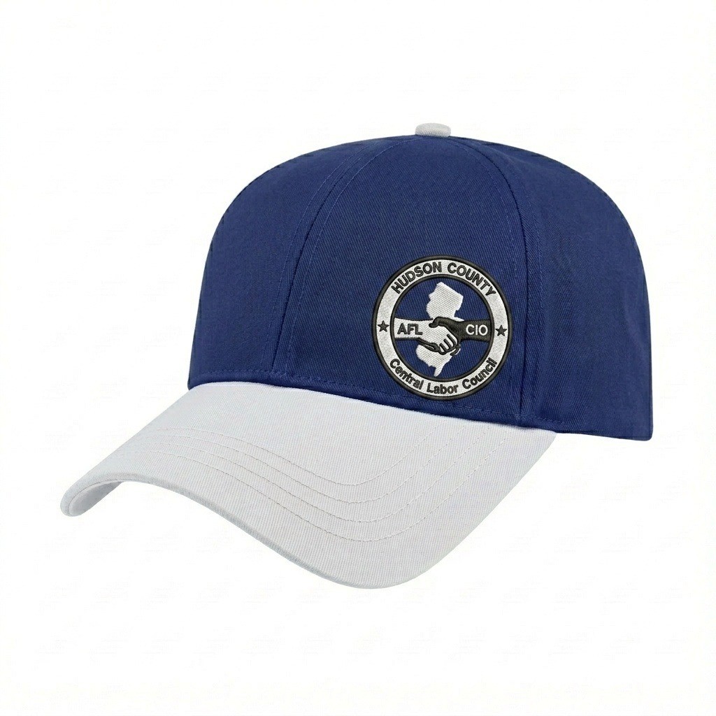 USA-made 6L Royal Blue-White Polycotton Twill baseball cap, decorated view, manufactured in Newark NJ