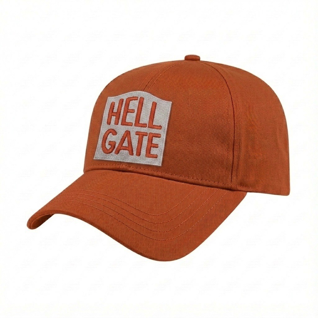 USA-made 6L Orange Polycotton Twill baseball cap, decorated view, manufactured in Newark NJ