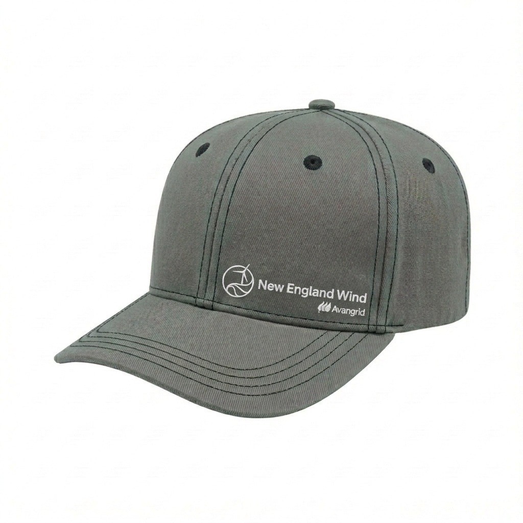 USA-made 6S Light Gray-Black Polycotton Twill baseball cap, decorated view, manufactured in Newark NJ