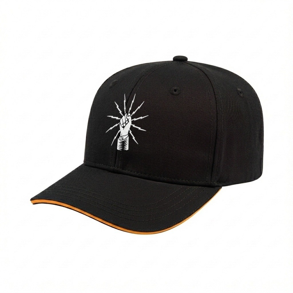 USA-made 6S Black-Athletic Gold Polycotton Twill baseball cap, decorated view, manufactured in Newark NJ