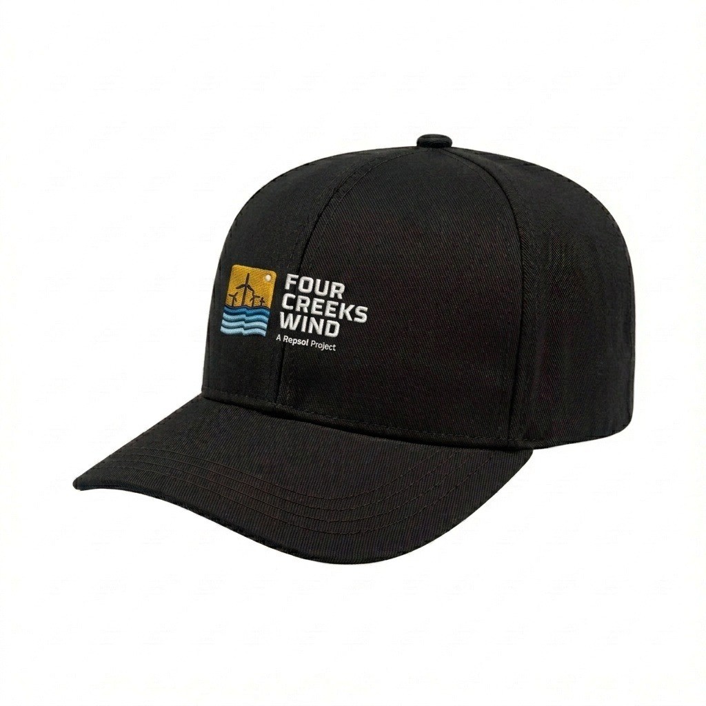 USA-made 6S Black Polycotton Twill baseball cap, decorated view, manufactured in Newark NJ