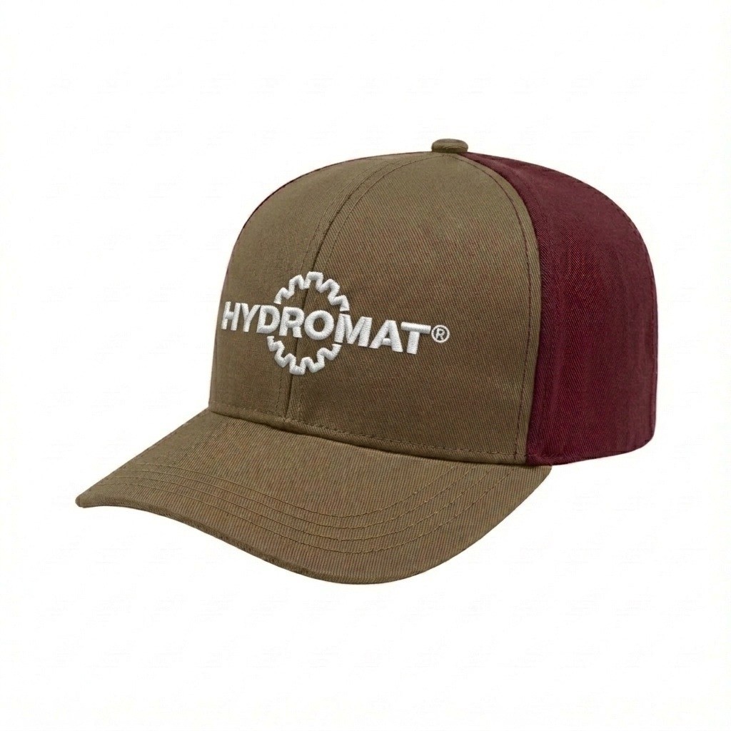 USA-made 6S Khaki-Burgundy Polycotton Twill baseball cap, decorated view, manufactured in Newark NJ