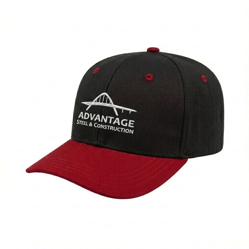 USA-made 6S Black-Red Polycotton Twill baseball cap, decorated view, manufactured in Newark NJ