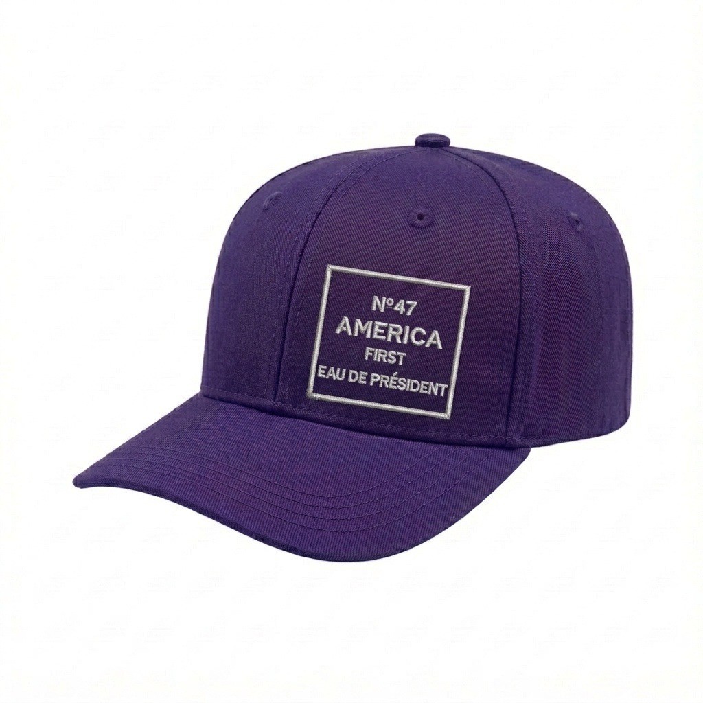 USA-made 6S Purple Polycotton Twill baseball cap, decorated view, manufactured in Newark NJ