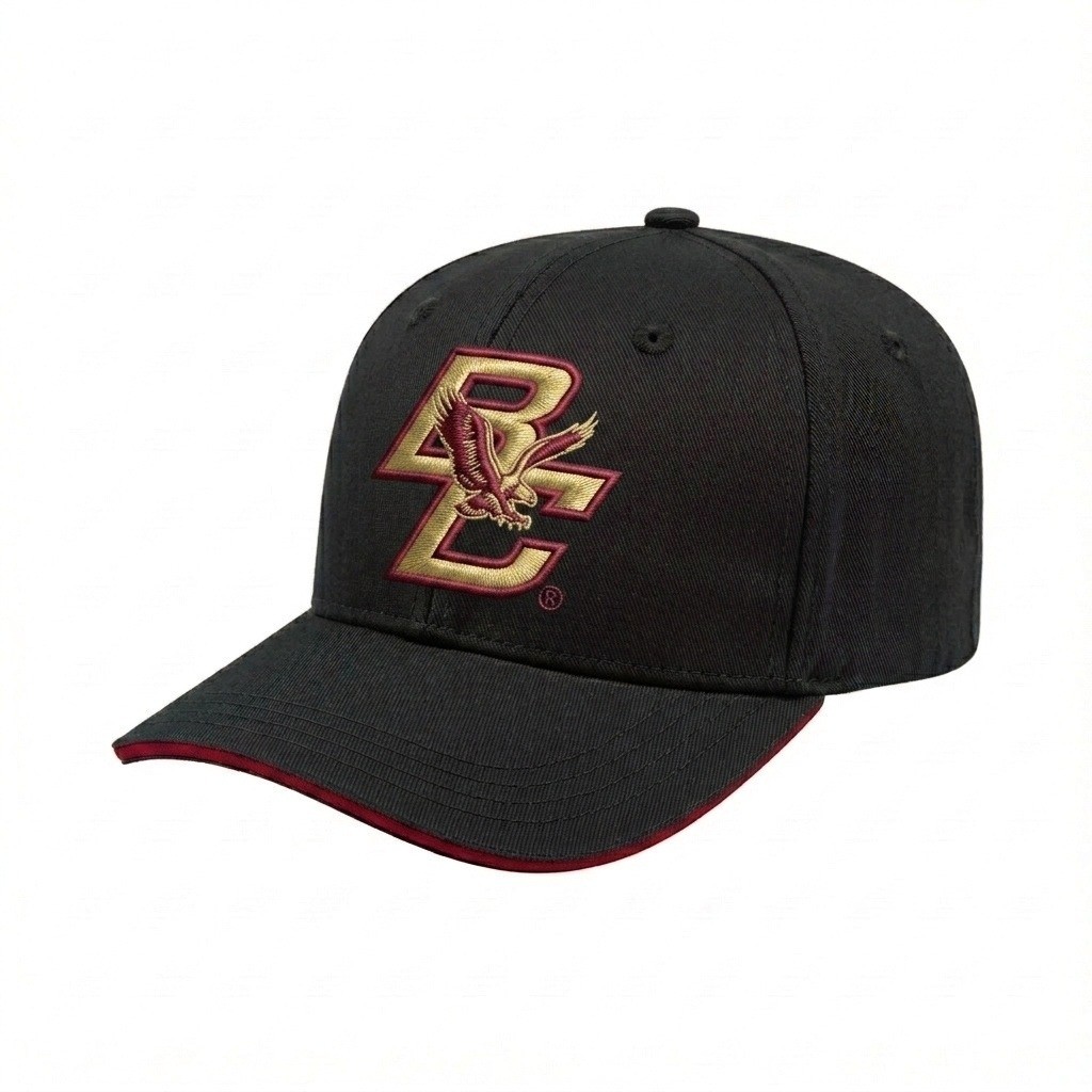 USA-made 6S Black-Red Polycotton Twill baseball cap, decorated view, manufactured in Newark NJ
