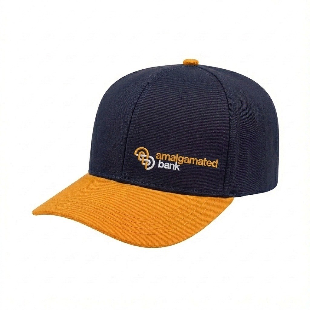 USA-made 6S Navy-Athletic Gold Polycotton Twill baseball cap, decorated view, manufactured in Newark NJ