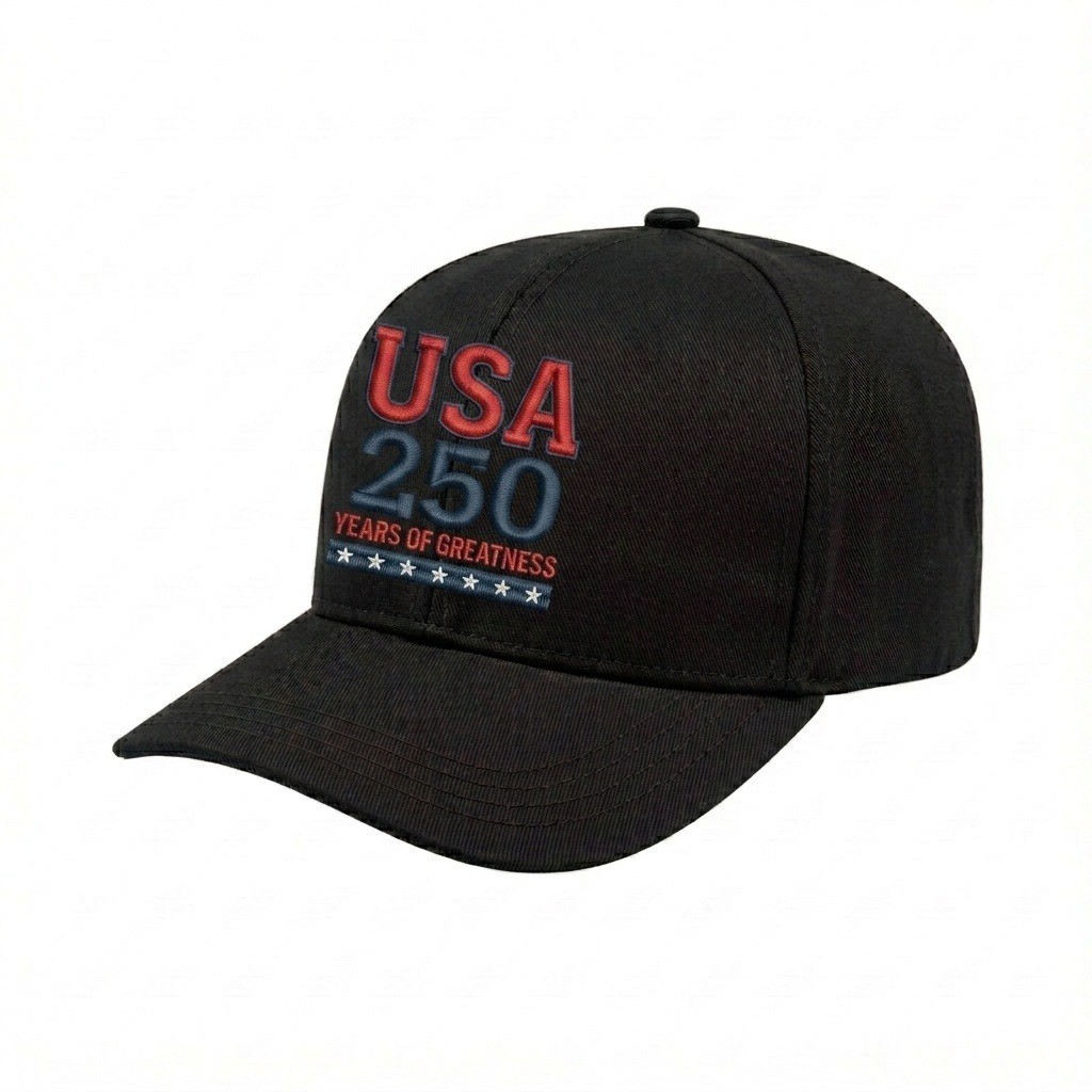 USA-made 6S Black Polycotton Twill baseball cap, decorated view, manufactured in Newark NJ