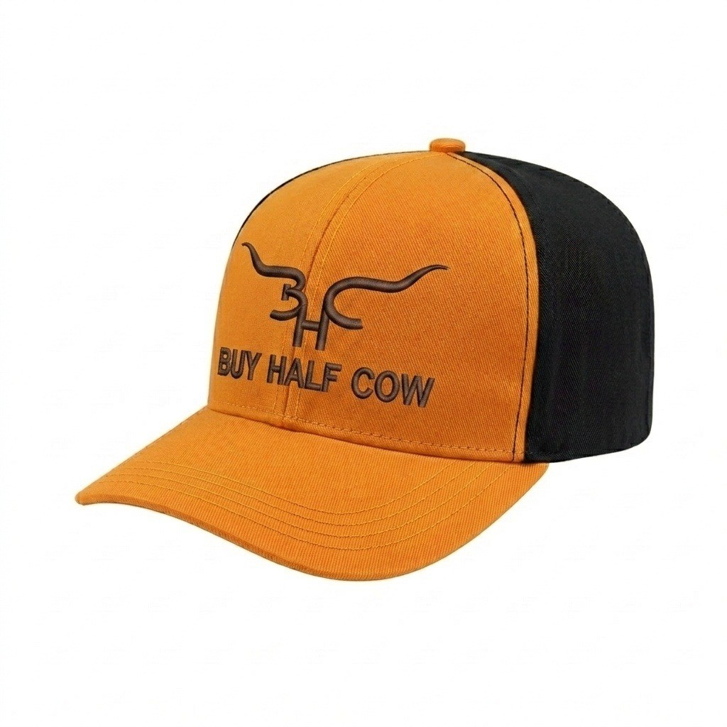 USA-made 6S Athletic Gold-Black Polycotton Twill baseball cap, decorated view, manufactured in Newark NJ