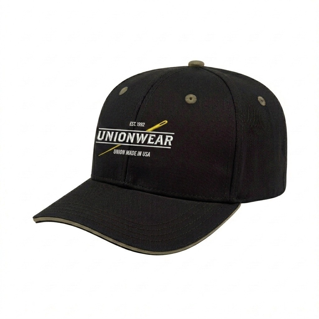 USA-made 6S Black-Khaki Polycotton Twill baseball cap, decorated view, manufactured in Newark NJ