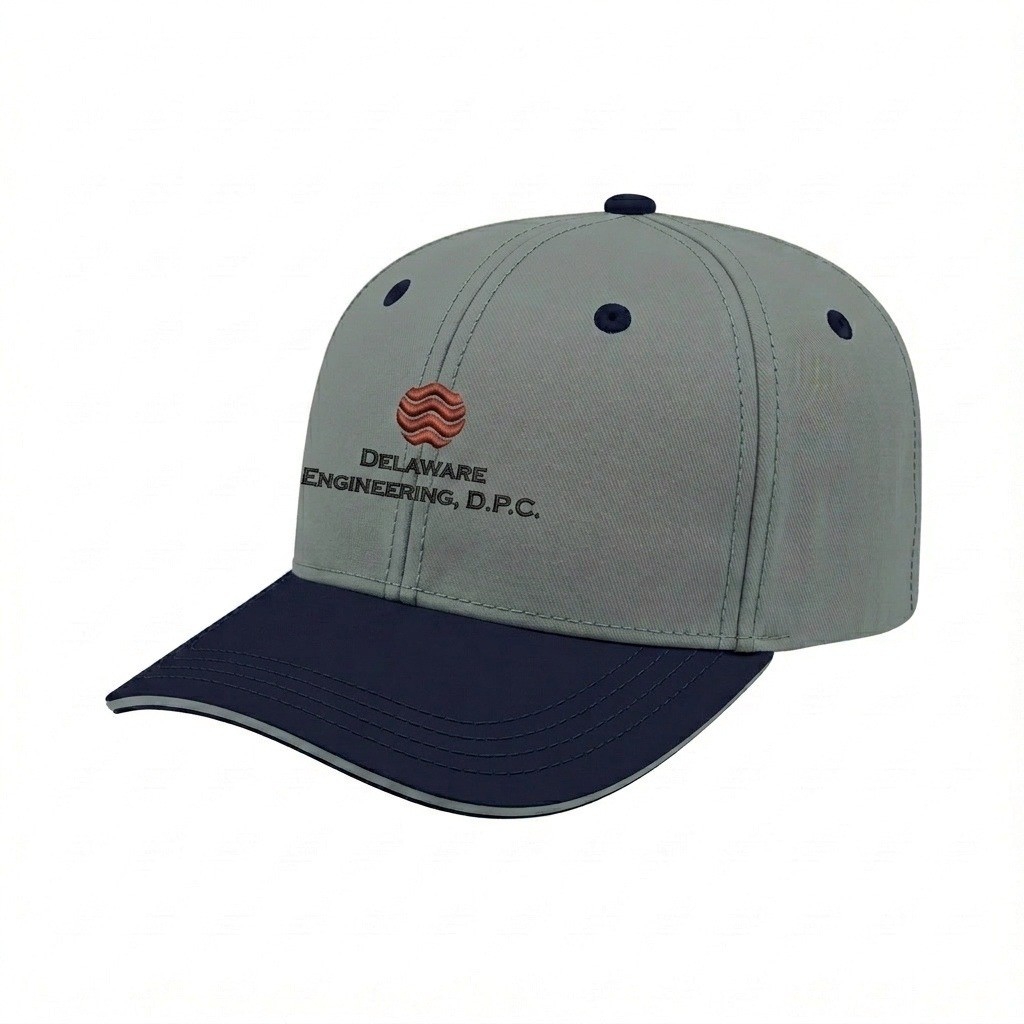 USA-made 6S Light Gray-Navy Polycotton Twill baseball cap, decorated view, manufactured in Newark NJ