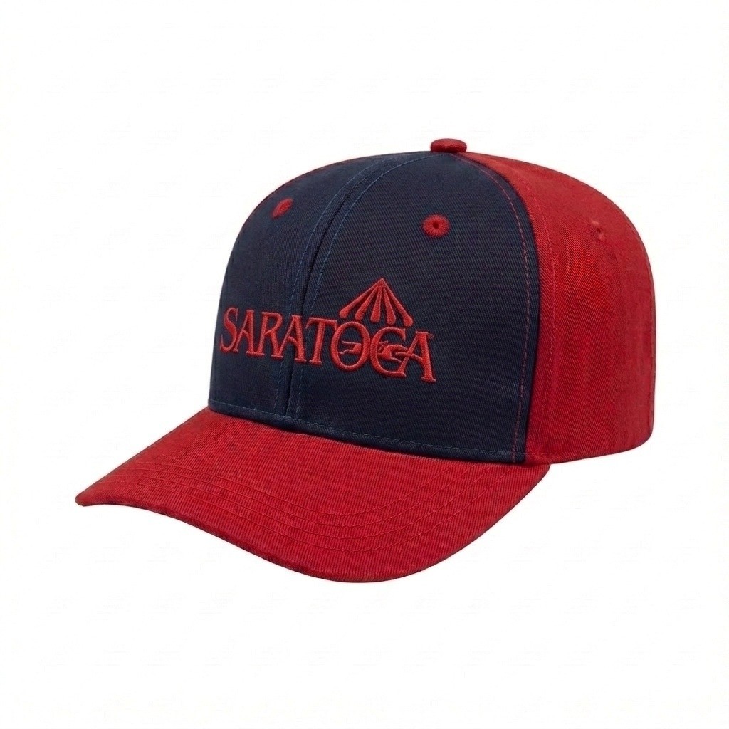 USA-made 6S Navy-Red Polycotton Twill baseball cap, decorated view, manufactured in Newark NJ