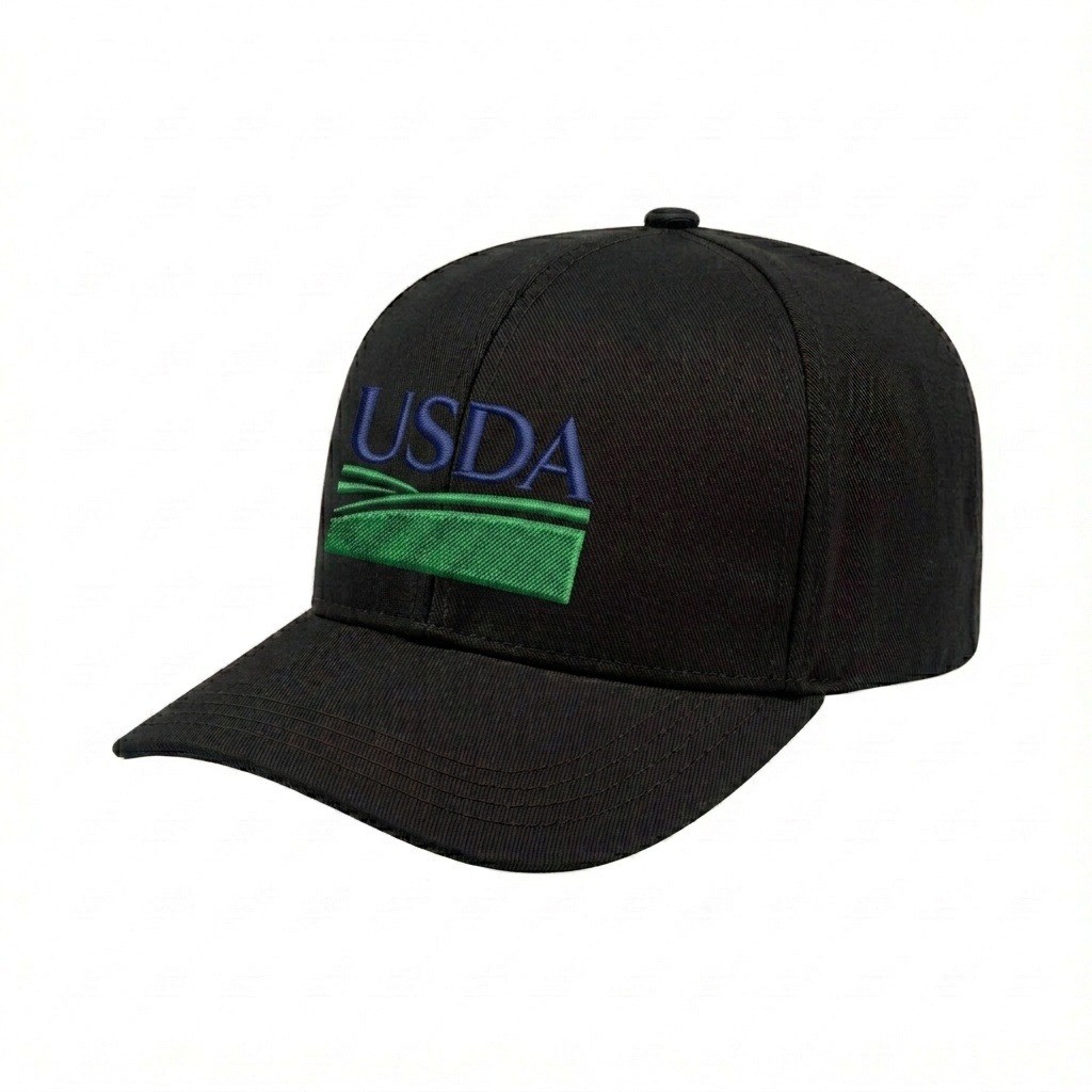 USA-made 6S Black Polycotton Twill baseball cap, decorated view, manufactured in Newark NJ