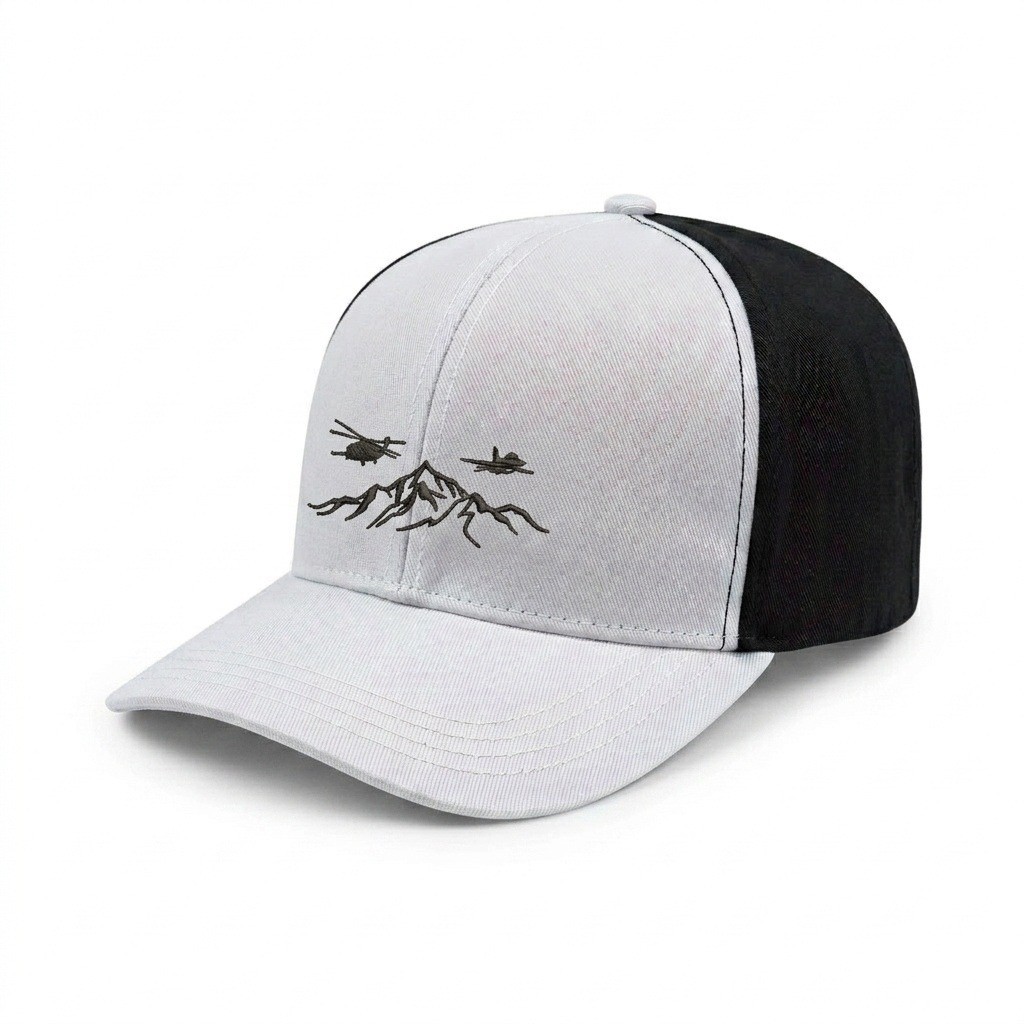 USA-made 6S White-Black Polycotton Twill baseball cap, decorated view, manufactured in Newark NJ