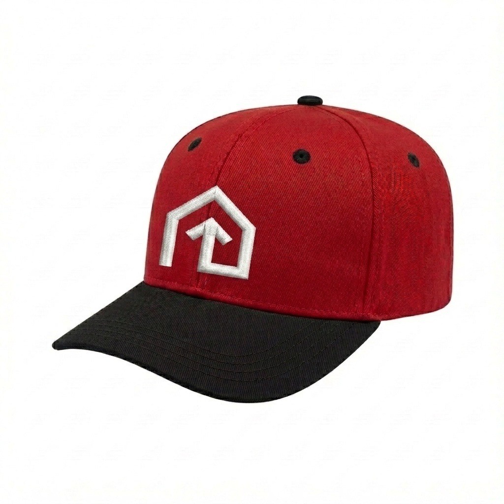 USA-made 6S Red-Black Polycotton Twill baseball cap, decorated view, manufactured in Newark NJ
