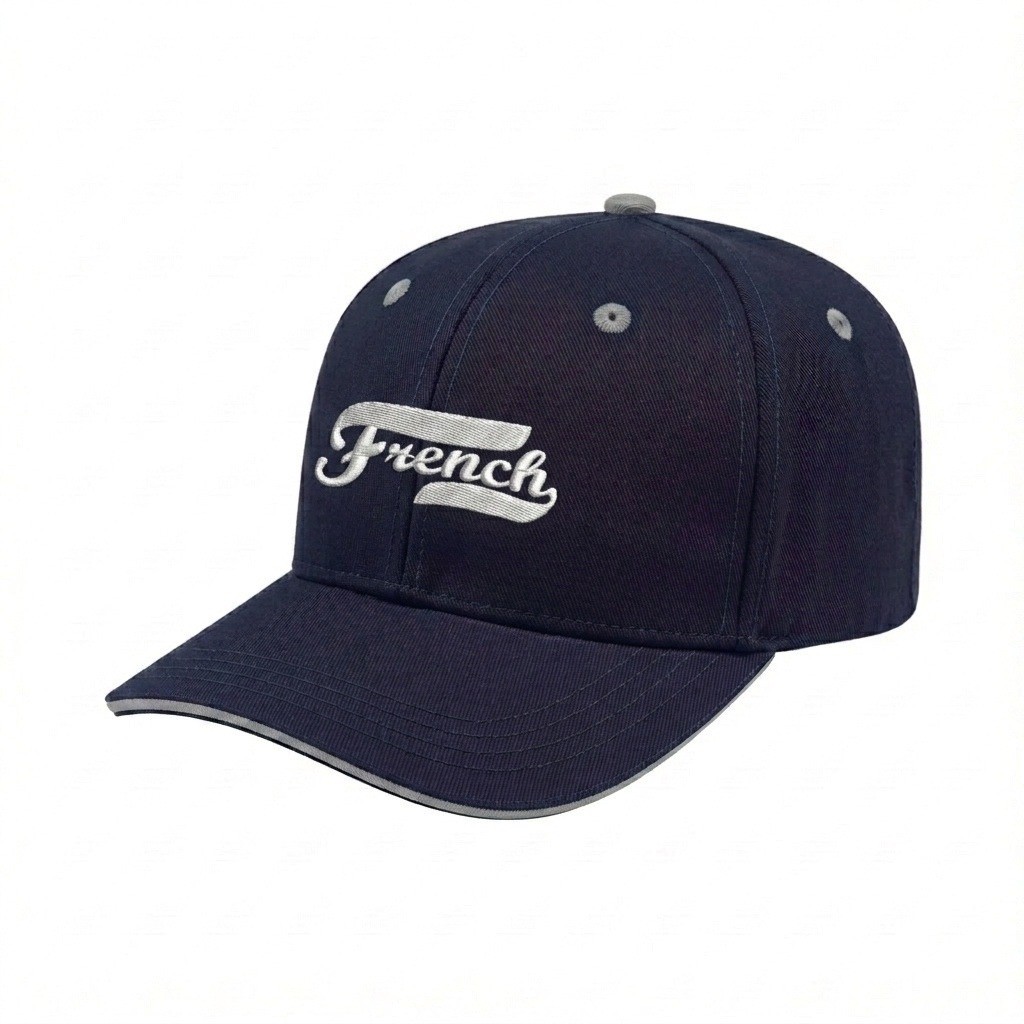 USA-made 6S Navy-Light Gray Polycotton Twill baseball cap, decorated view, manufactured in Newark NJ