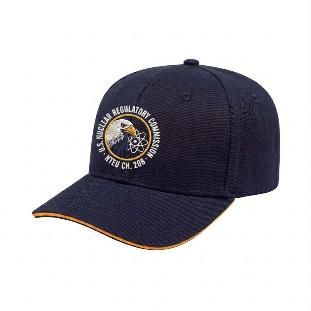 USA-made 6S Navy-Athletic Gold Polycotton Twill baseball cap, decorated view, manufactured in Newark NJ