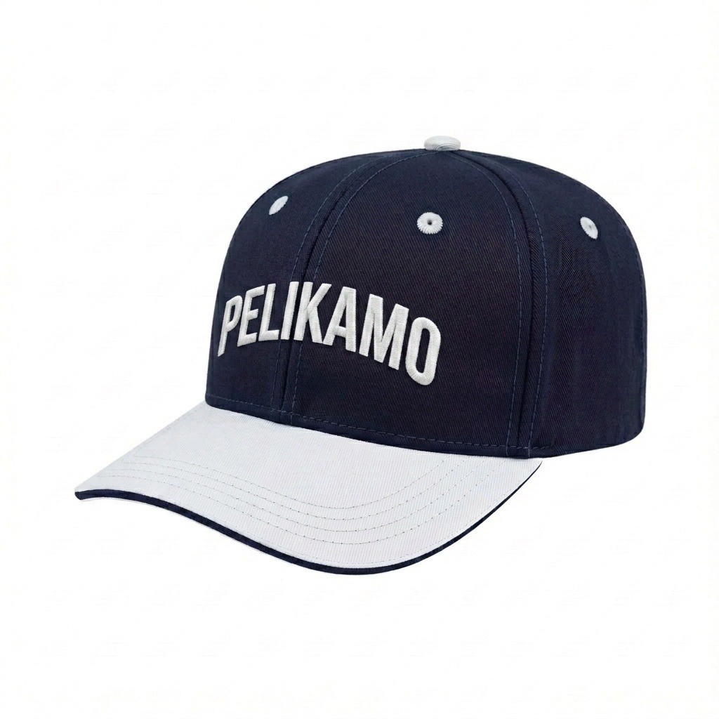 USA-made 6S Navy-White Polycotton Twill baseball cap, decorated view, manufactured in Newark NJ