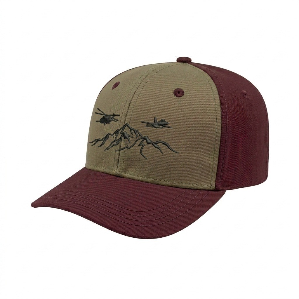 USA-made 6S Khaki-Burgundy Polycotton Twill baseball cap, decorated view, manufactured in Newark NJ
