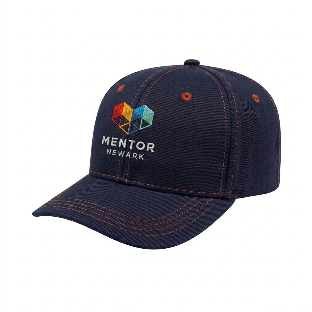 USA-made 6S Navy-Orange Polycotton Twill baseball cap, decorated view, manufactured in Newark NJ