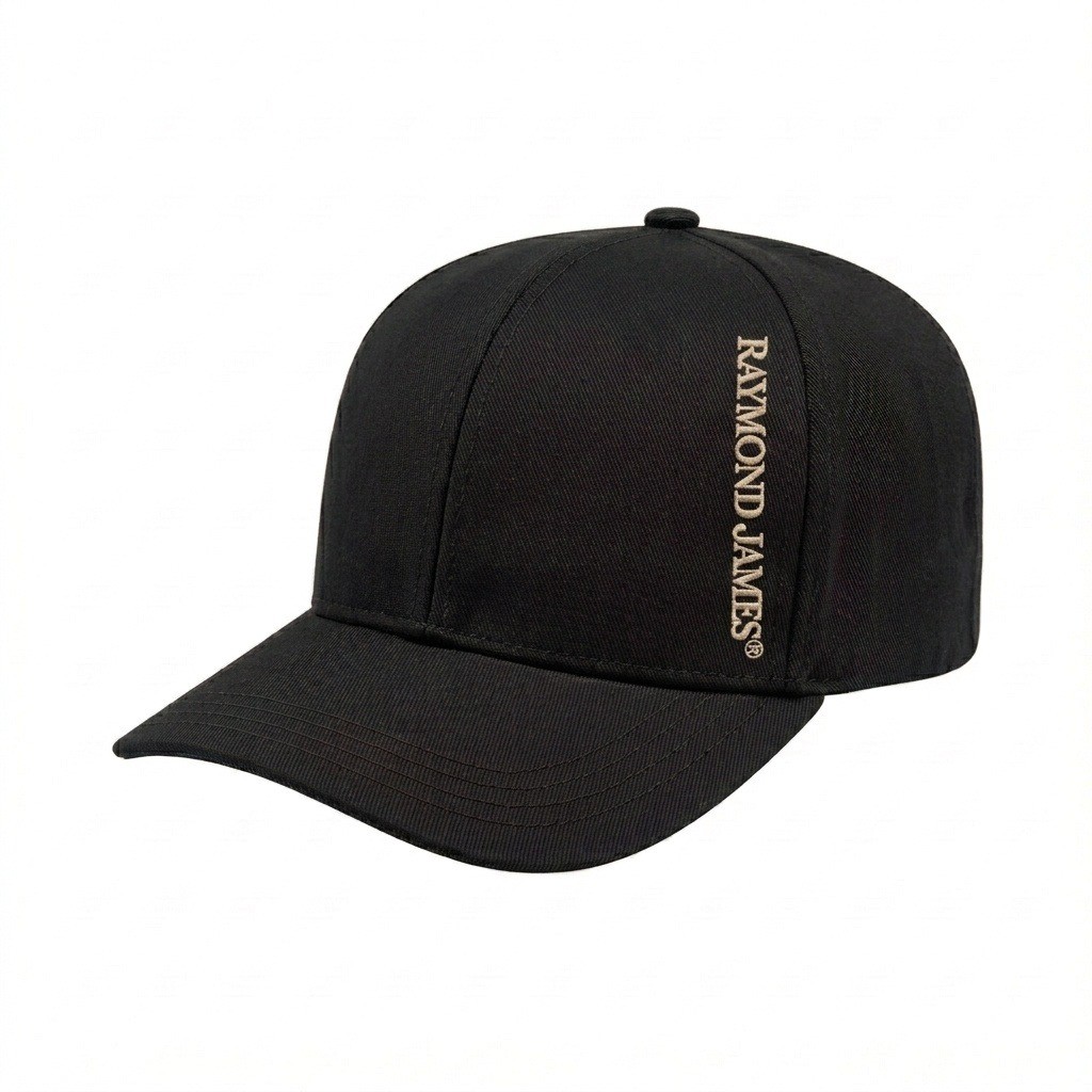 USA-made 6S Black Polycotton Twill baseball cap, decorated view, manufactured in Newark NJ