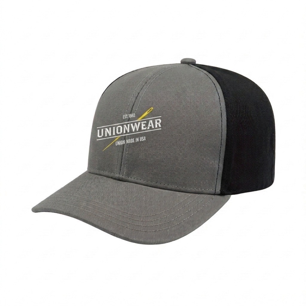 USA-made 6S Light Gray-Black Polycotton Twill baseball cap, decorated view, manufactured in Newark NJ