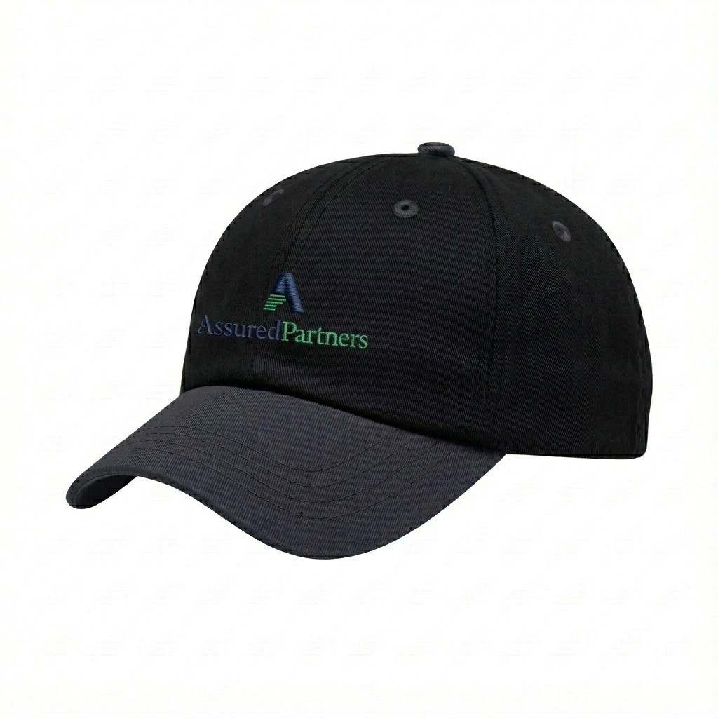 USA-made 6U Black-Dark Gray Polycotton Twill baseball cap, decorated view, manufactured in Newark NJ