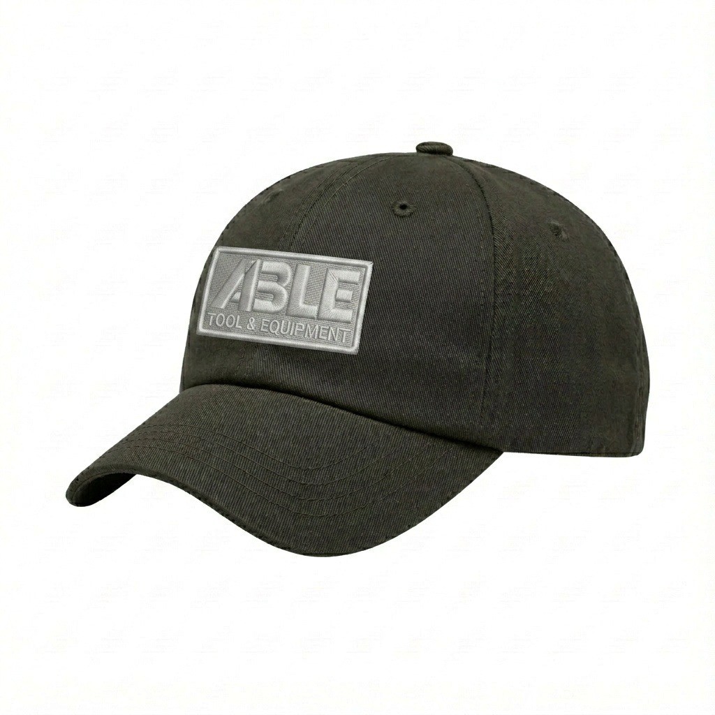 USA-made 6U Olive Polycotton Twill baseball cap, decorated view, manufactured in Newark NJ