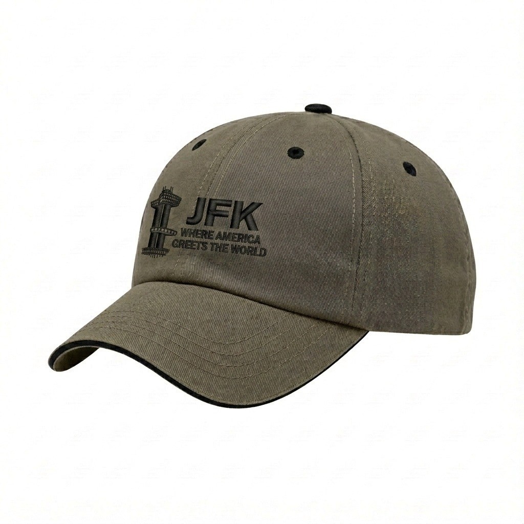 USA-made 6U Khaki-Black Polycotton Twill baseball cap, decorated view, manufactured in Newark NJ