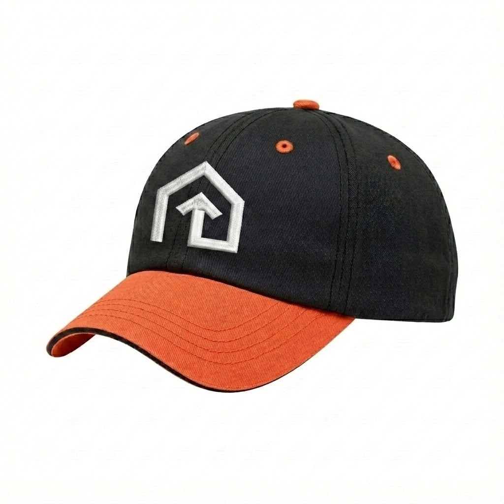 USA-made 6U Black-Blaze Orange Polycotton Twill baseball cap, decorated view, manufactured in Newark NJ