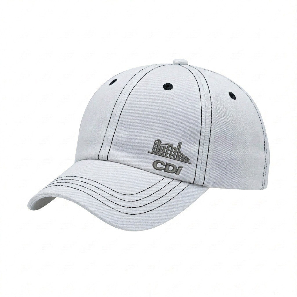 USA-made 6U White-Black Polycotton Twill baseball cap, decorated view, manufactured in Newark NJ