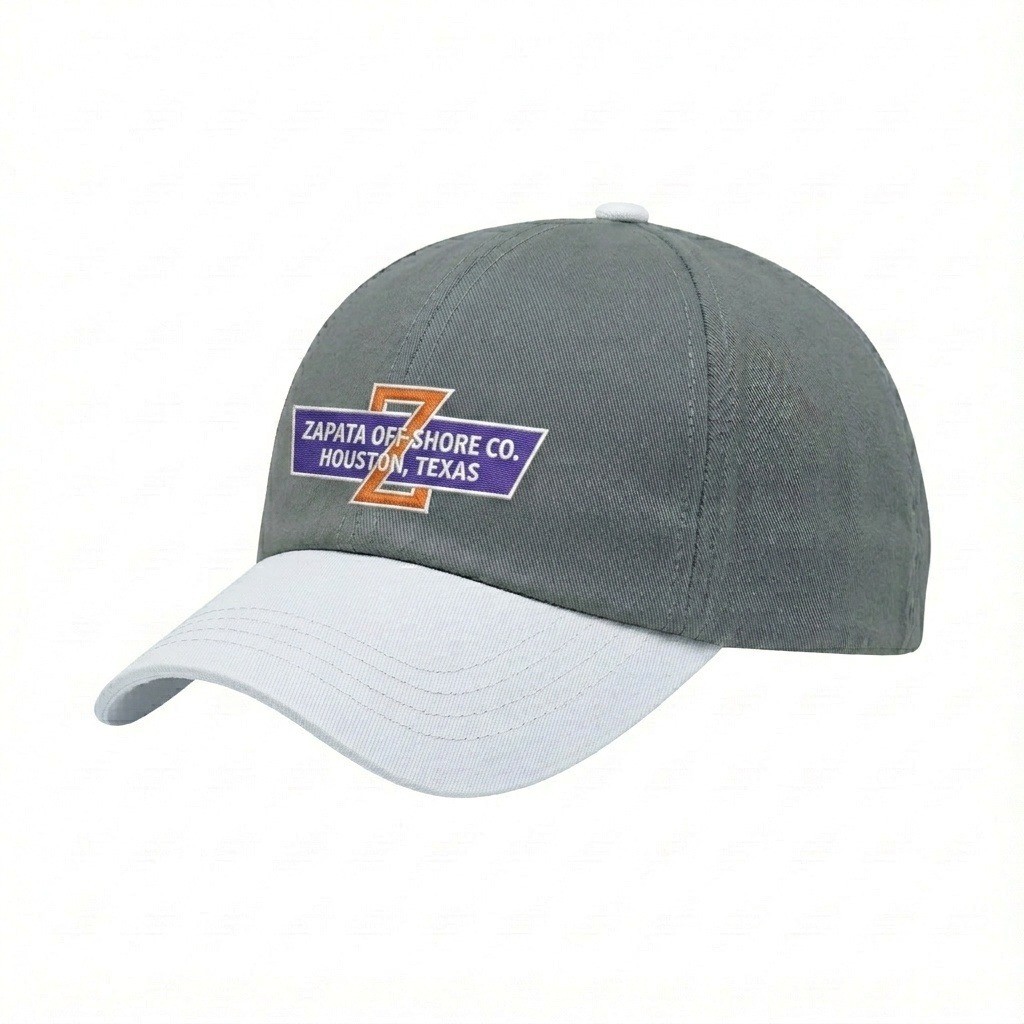 USA-made 6U Light Gray-White Polycotton Twill baseball cap, decorated view, manufactured in Newark NJ