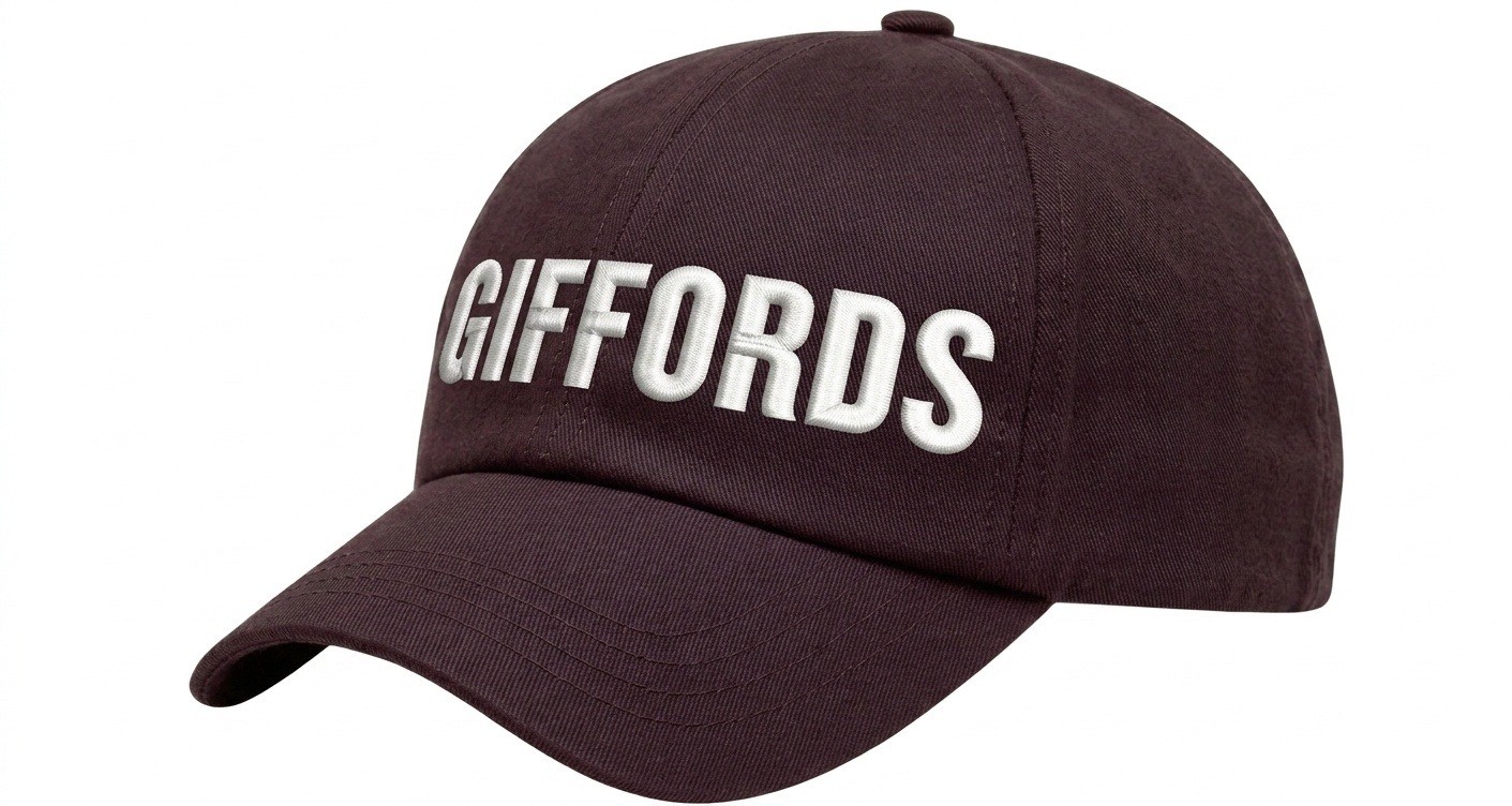 USA-made 6U Burgundy Polycotton Twill baseball cap, decorated view, manufactured in Newark NJ