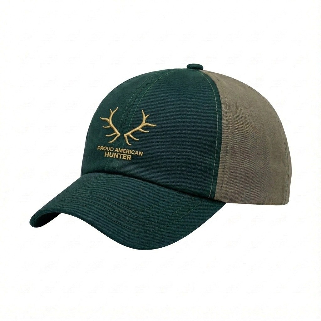 USA-made 6U Hunter Green-Khaki Polycotton Twill baseball cap, decorated view, manufactured in Newark NJ