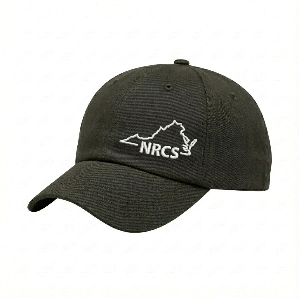 USA-made 6U Olive Polycotton Twill baseball cap, decorated view, manufactured in Newark NJ