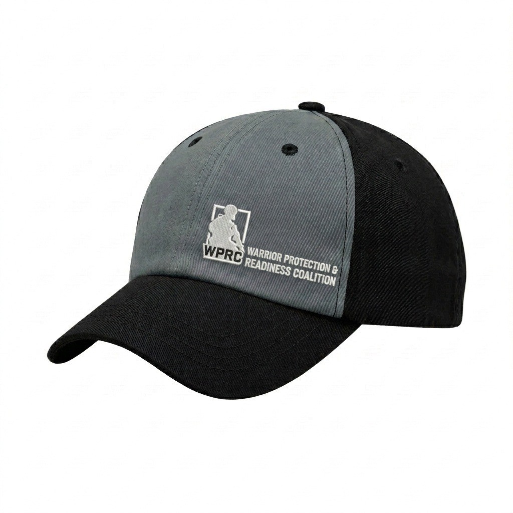 USA-made 6U Light Gray-Black Polycotton Twill baseball cap, decorated view, manufactured in Newark NJ