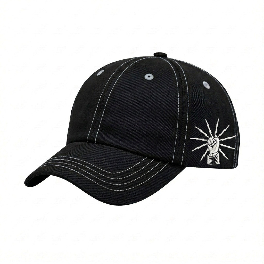USA-made 6U Black-White Polycotton Twill baseball cap, decorated view, manufactured in Newark NJ