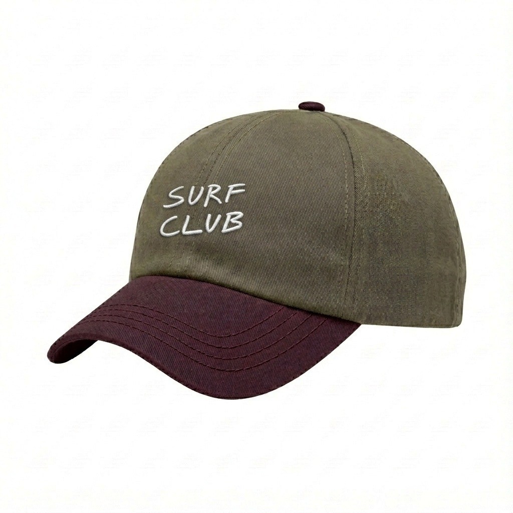 USA-made 6U Khaki-Burgundy Polycotton Twill baseball cap, decorated view, manufactured in Newark NJ