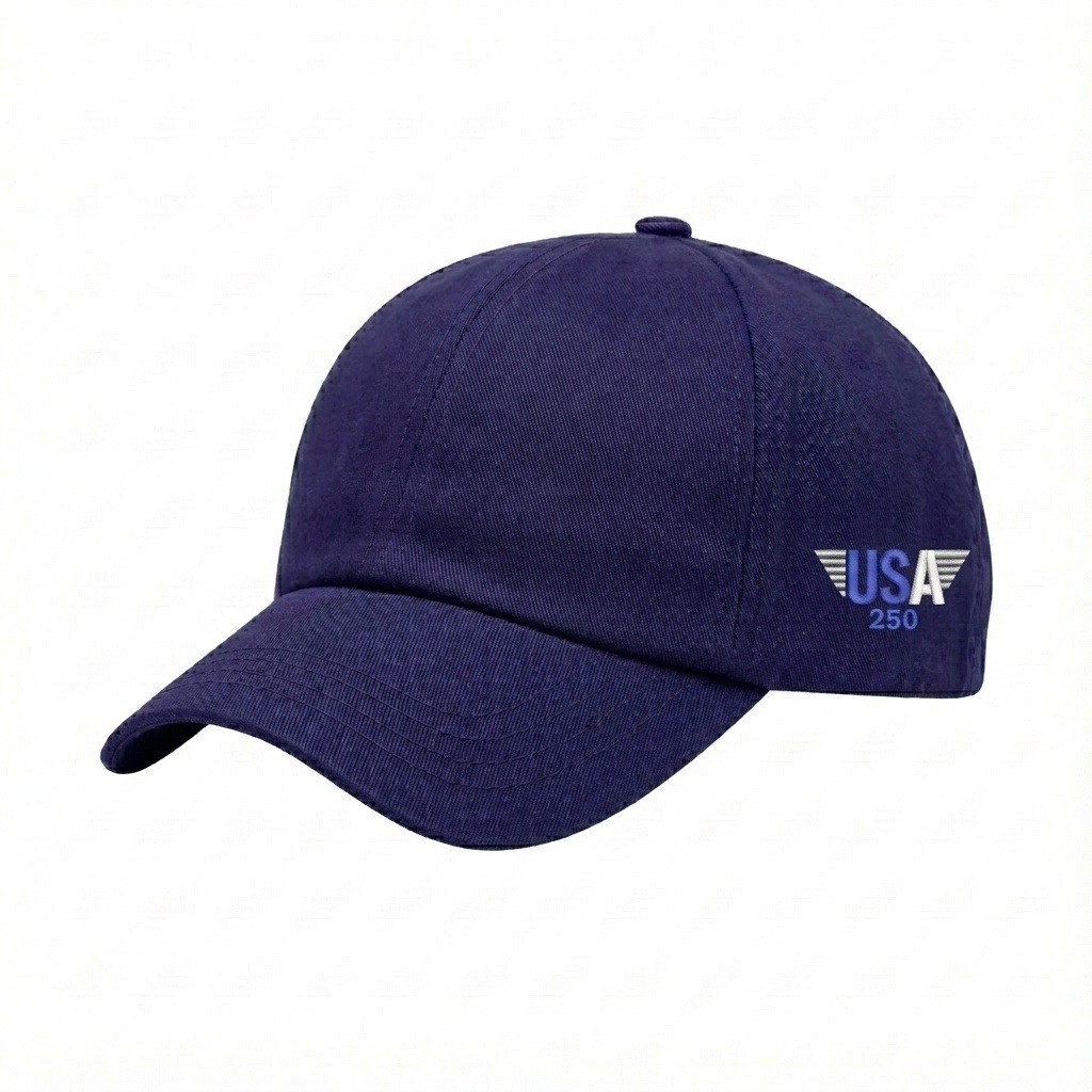 USA-made 6U Purple Polycotton Twill baseball cap, decorated view, manufactured in Newark NJ