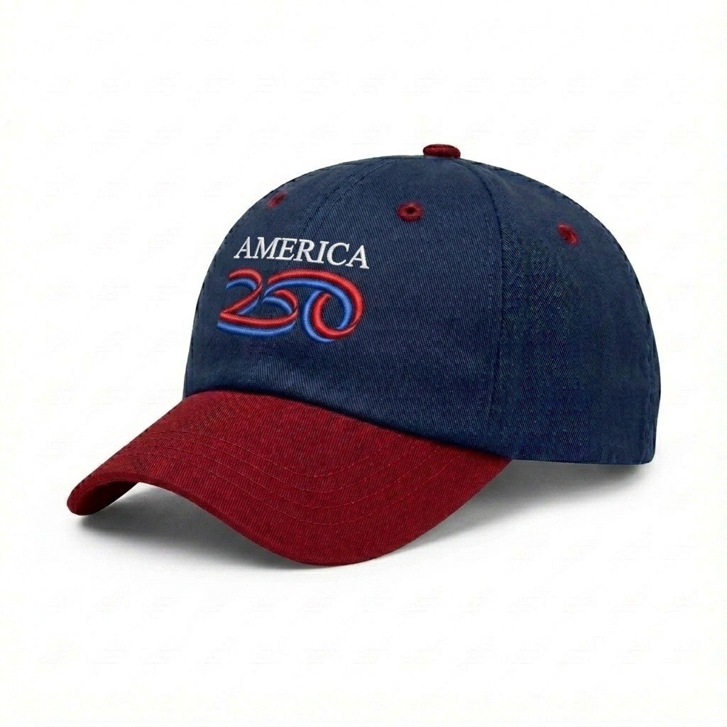 USA-made 6U Royal Blue-Red Polycotton Twill baseball cap, decorated view, manufactured in Newark NJ