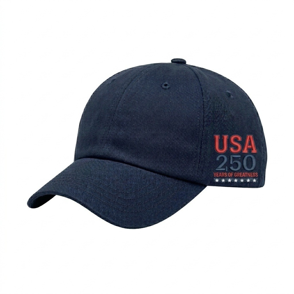 USA-made 6U Navy Polycotton Twill baseball cap, decorated view, manufactured in Newark NJ