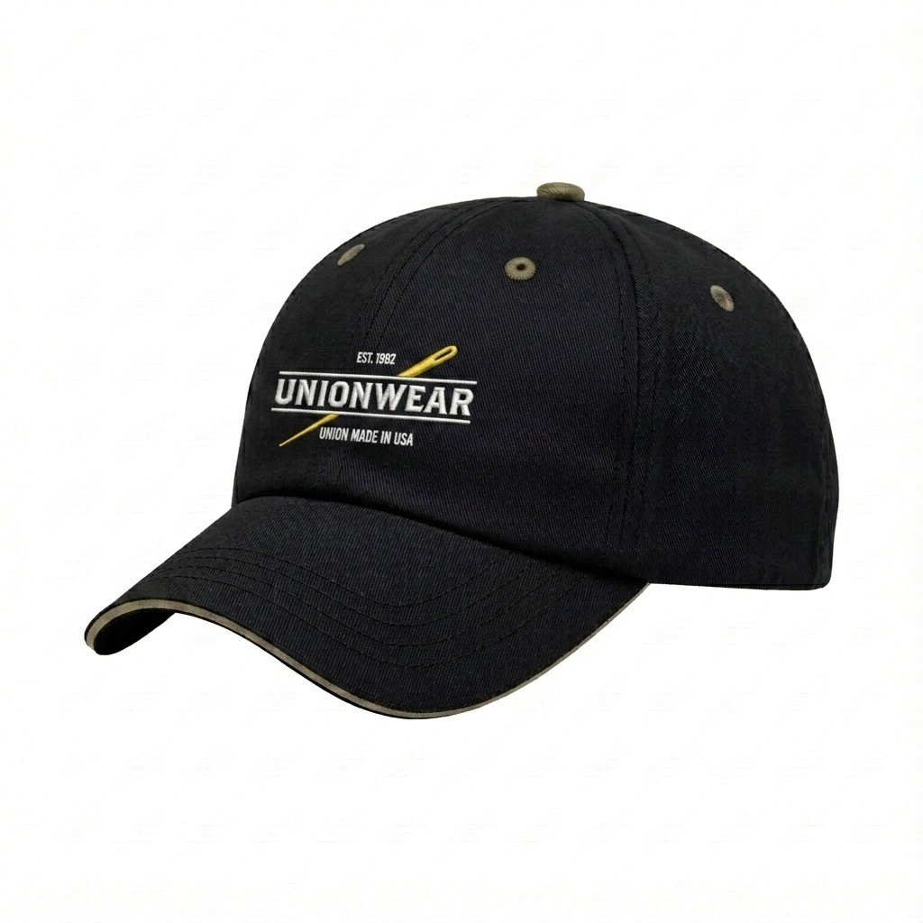 USA-made 6U Black-Khaki Polycotton Twill baseball cap, decorated view, manufactured in Newark NJ