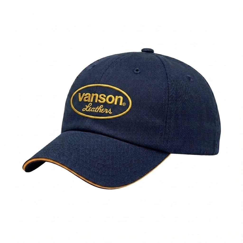 USA-made 6U Navy-Athletic Gold Polycotton Twill baseball cap, decorated view, manufactured in Newark NJ