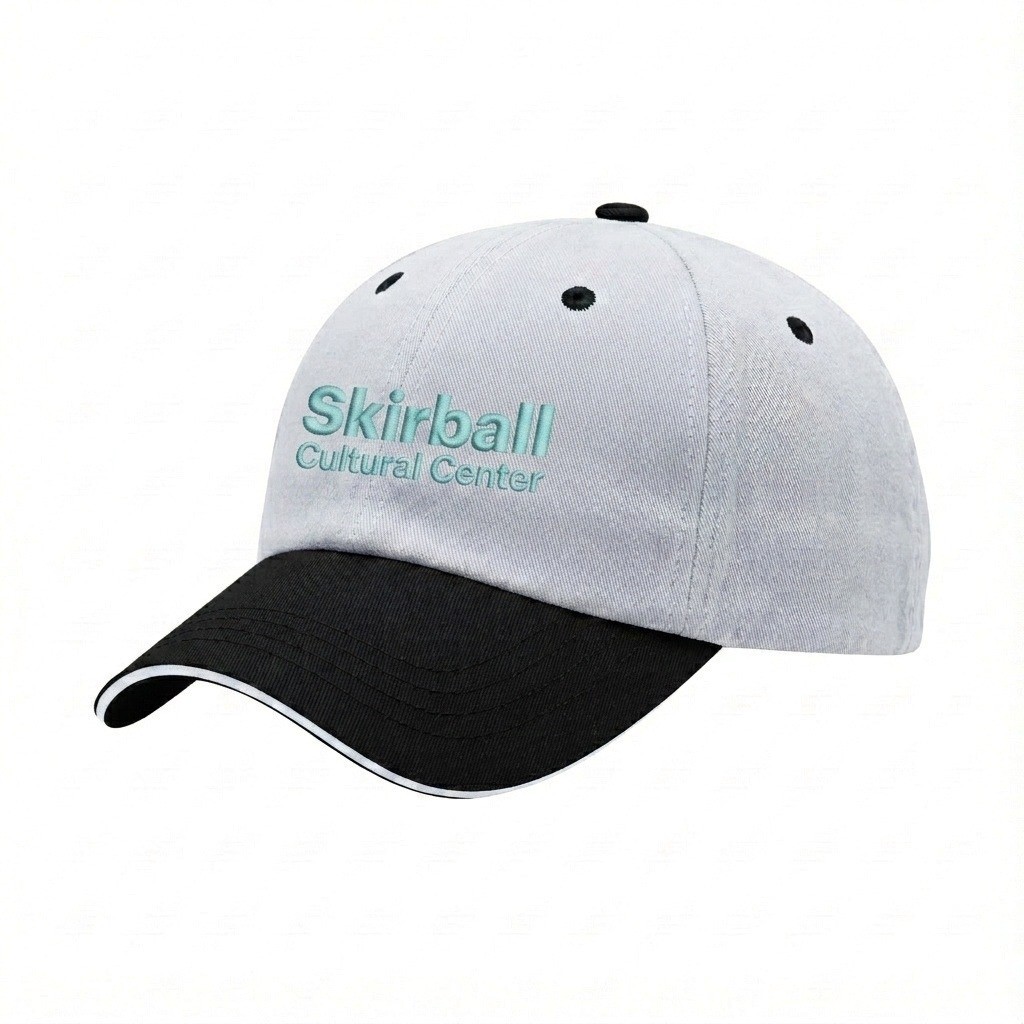 USA-made 6U White-Black Polycotton Twill baseball cap, decorated view, manufactured in Newark NJ
