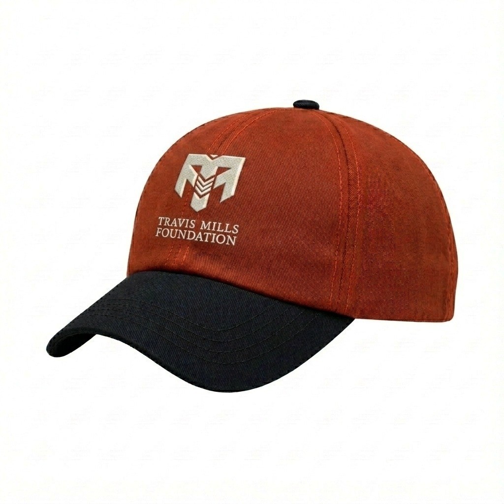 USA-made 6U Orange-Black Polycotton Twill baseball cap, decorated view, manufactured in Newark NJ