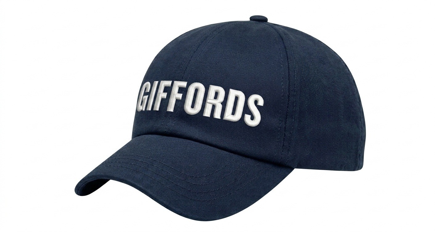 USA-made 6U Navy Polycotton Twill baseball cap, decorated view, manufactured in Newark NJ