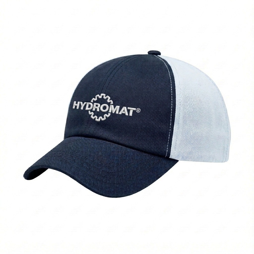 USA-made 6U Navy-White Polycotton Twill baseball cap, decorated view, manufactured in Newark NJ