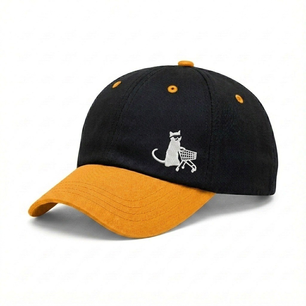 USA-made 6U Black-Athletic Gold Polycotton Twill baseball cap, decorated view, manufactured in Newark NJ
