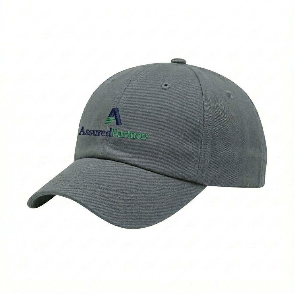 USA-made 6U Light Gray Polycotton Twill baseball cap, decorated view, manufactured in Newark NJ
